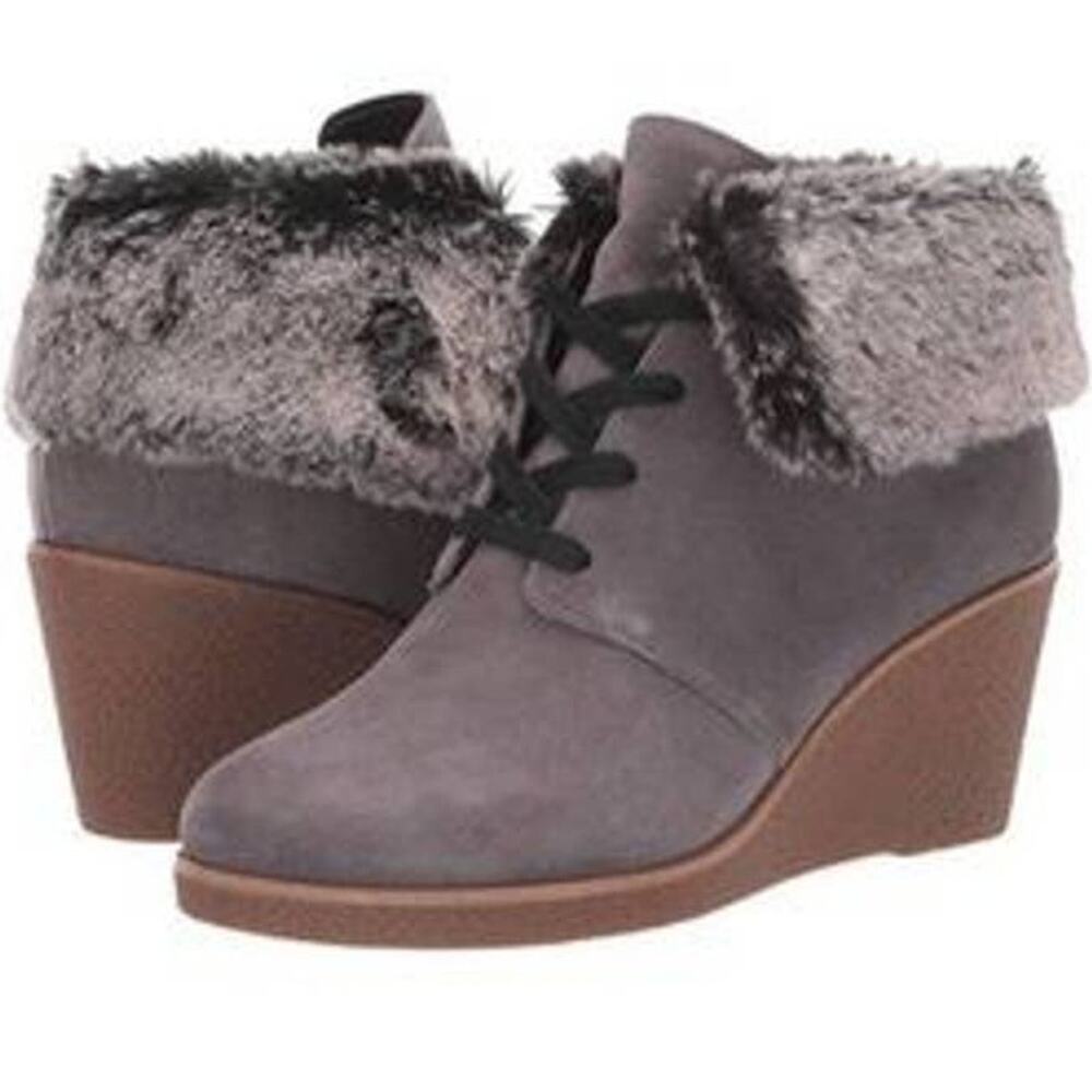 Cole Haan Wedge Boots Gray Womens 6 Coralie Ankle Bootie Faux‎ Fur Suede Lace Up